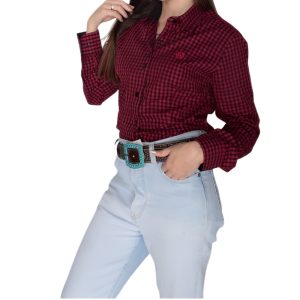 Camisete Feminina Buck Ride Xadrez Vermelho Manga Longa